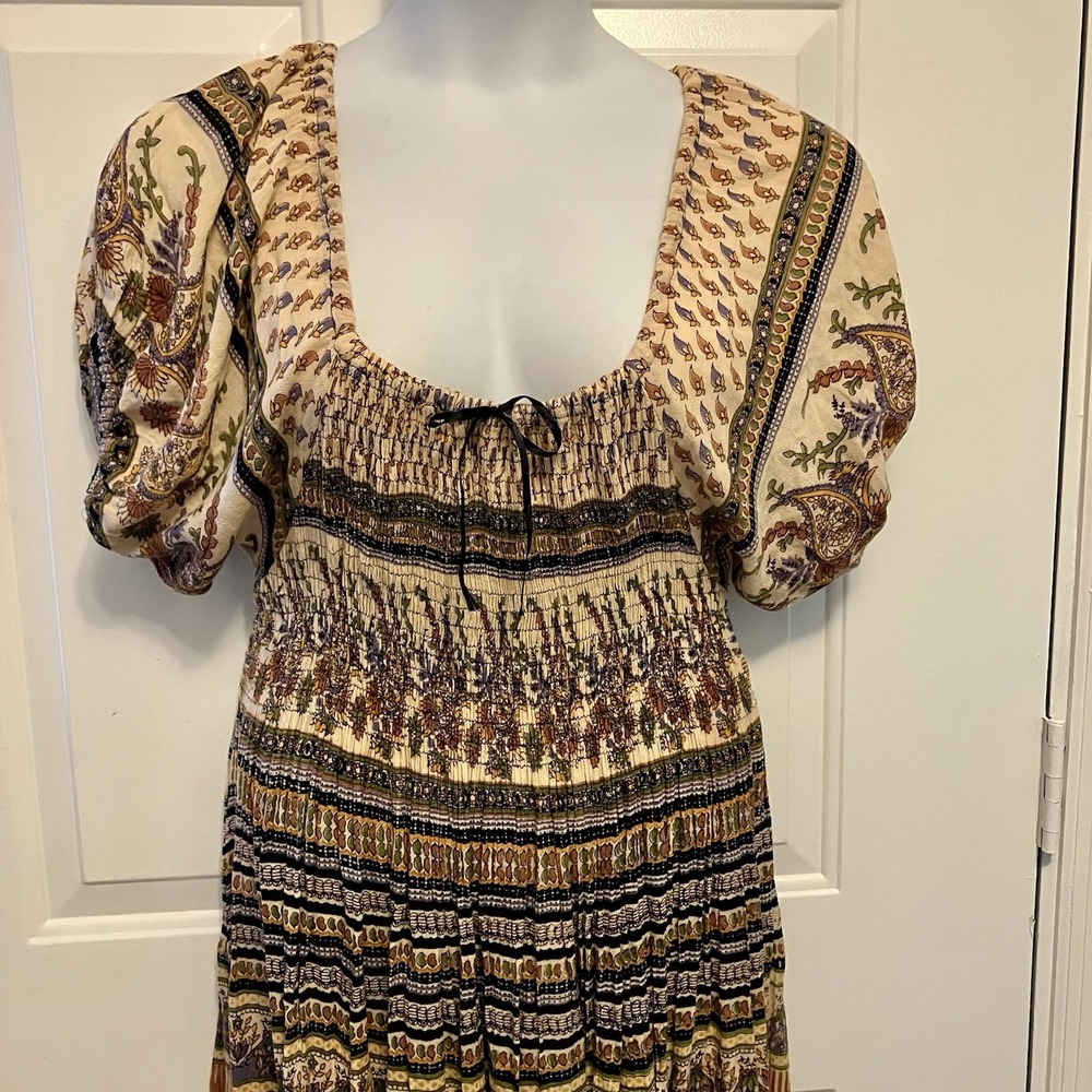 Gypsy Rose Sz Medium Hippie Brown India Ruffle Smocked Boho‎ Dress Women's
